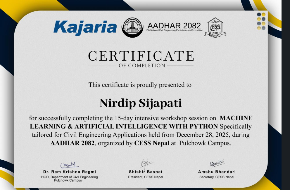 Machine Learning & Artificial Intelligence with Python certificate awarded to Nirdip Sijapati